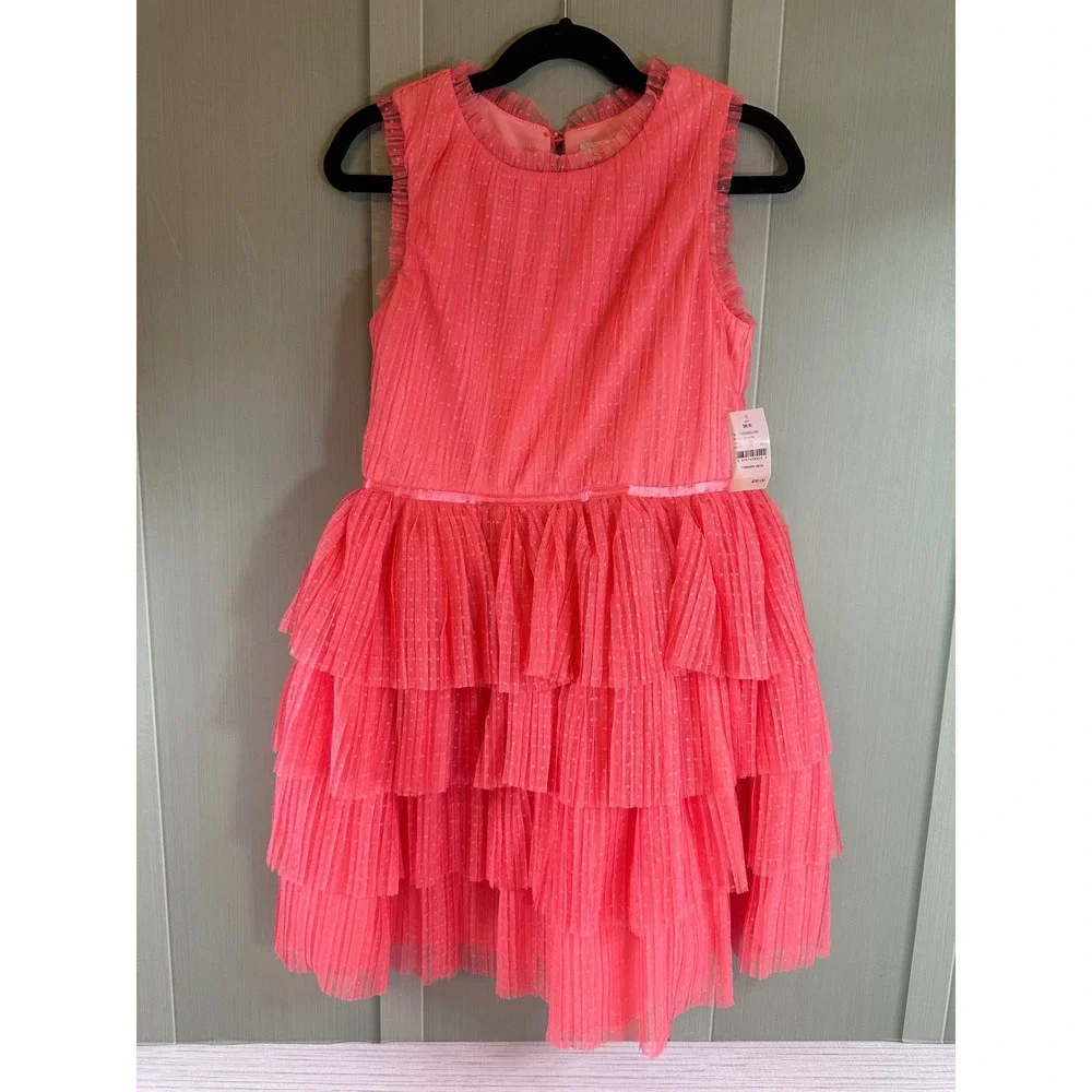 Zenzi Girls Watermelon Pink Swiss Dot Tulle Tiered Ruffle Party Dress Size M 8